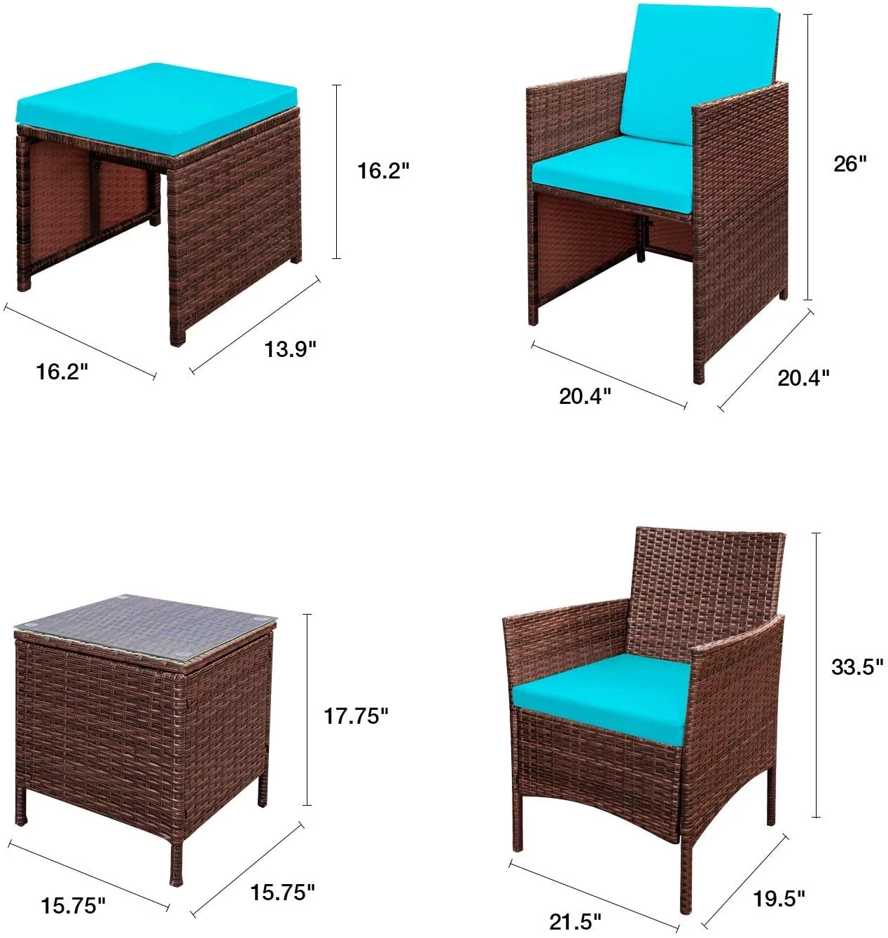 Vineego 7-Pieces Patio Furniture Set Outdoor All Weather Cushioned Wicker Chairs with Ottoman and Glass Table, Blue
