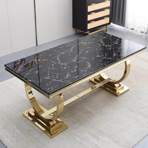 70" Luxurious Marble Dining Table Set for 6, Modern Faux Marble Dining Table with 6 Black Velvet Dining Chairs Set