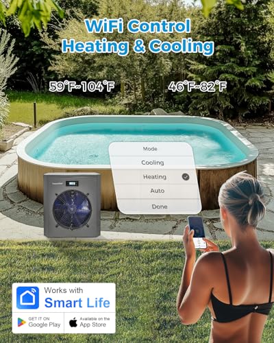 16000 BTU Electric Pool Heater For Above Ground Pool 5000 Gallon Swimming Pool Heat Pump Heating Cooling Mode WiFi Control Schedule Pool Heater 120V