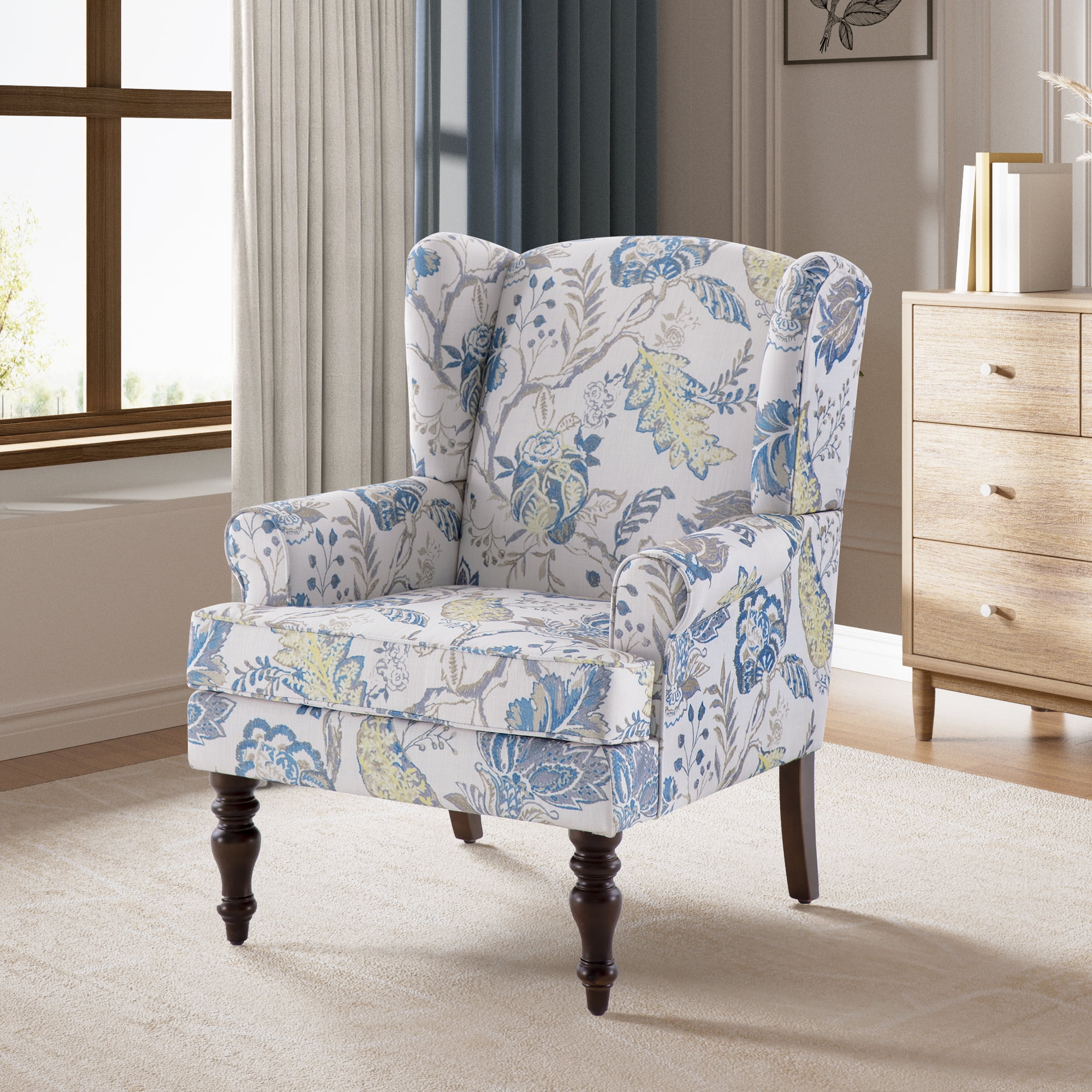 HUIMO Wingback Accent Chair for Living Room, Mid Century Modern Fabric Armchair with Wooden Legs