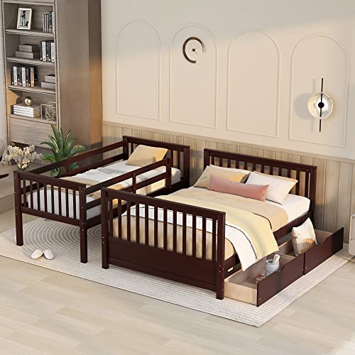 Ball & Cast Full Over Full Bunk Bed with Twin Size Trundle and Built in 4 Drawer,Wood Bunkbed w/Storage Ladder & Slat Support