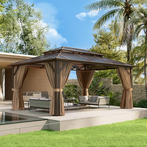 Aoxun 12'x10' Hardtop Gazebo, Aluminum Frame Permanent Pavilion with Curtains and Netting, Outdoor Polycarbonate Double Roof Canopy