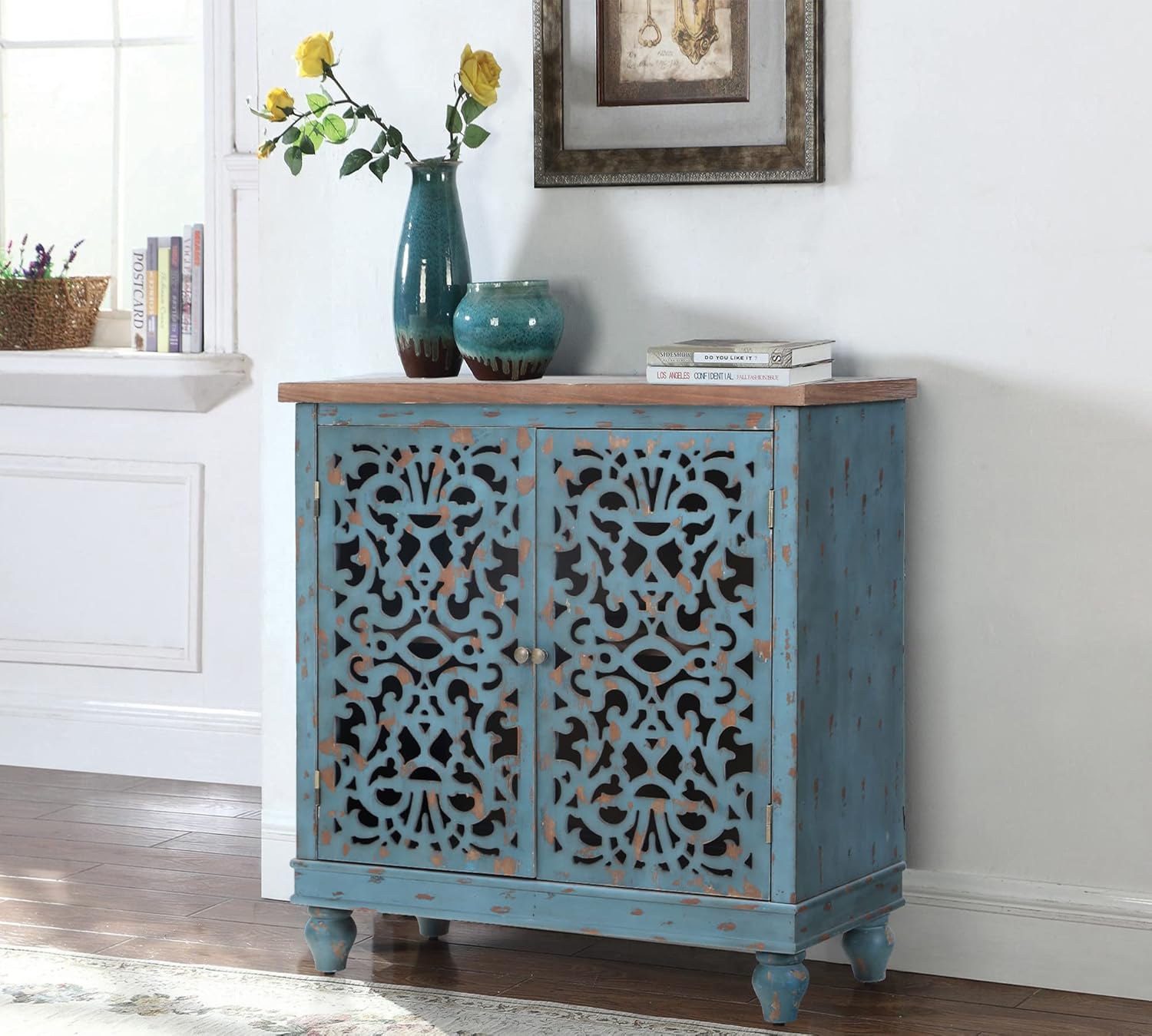 MAISON ARTS White Accent Cabinet with 2 Doors Storage Sideboard Buffet Cabinet for Living Room Kitchen Farmhouse Decorative Distressed Tall Cabinet
