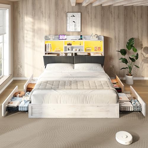 Full Farmhouse Bed Frame with Bookcase Headboard and 4 Drawers, LED Storage Bed with Charging Station & Linen Upholstered, No Box Spring Needed, Black