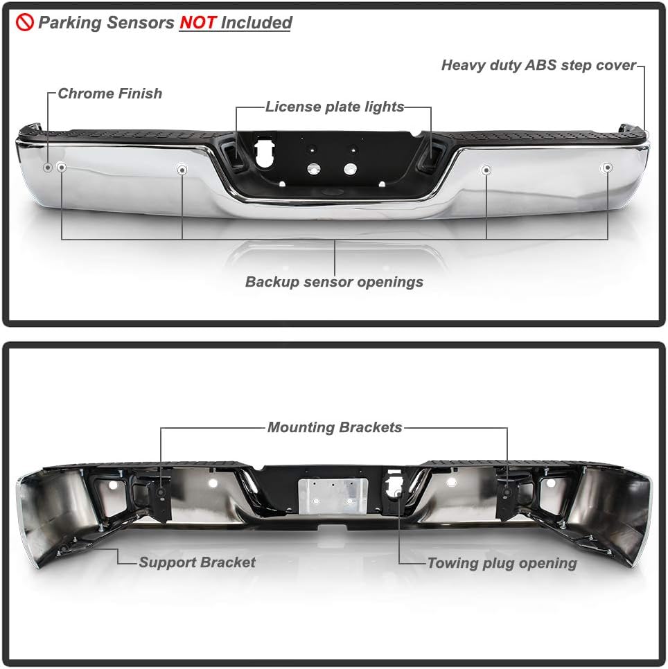 ACANII - For 2009-2018 Dodge Ram 1500 w/Sensor Holes w/o Dual Exhaust Chrome Steel Rear Step Bumper Complete Assembly