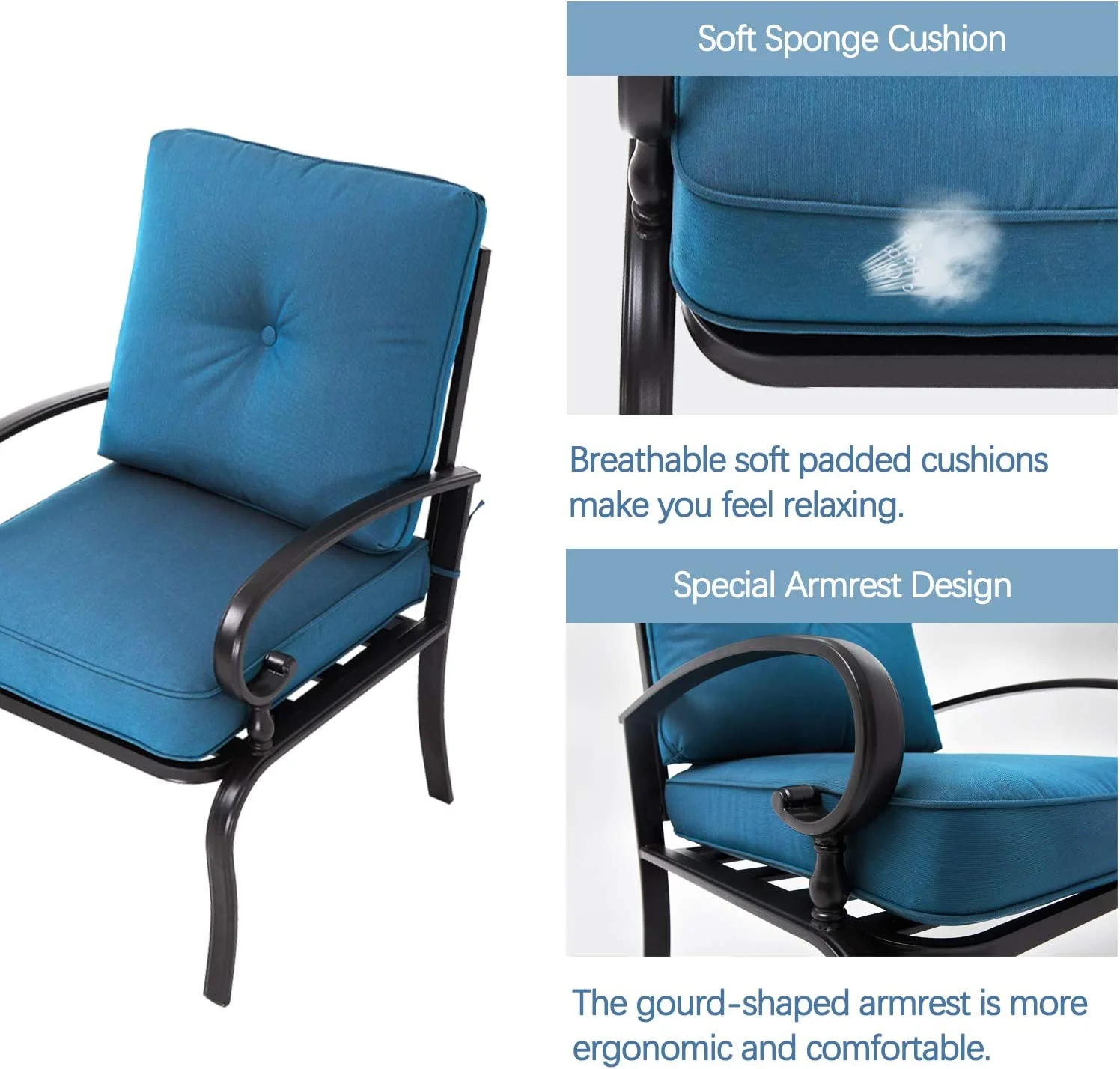 SOLAURA 4-Piece Outdoor Furniture Patio Metal Conversation Set with Peacock Blue Cushions