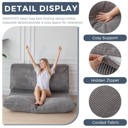 MAXYOYO Bean Bag Bed Folding Sofa Bed Floor Mattress for Adults, Extra Thick and Long Floor Sofa with Corded Washable Cover, Dark Grey, 30x95 Inch