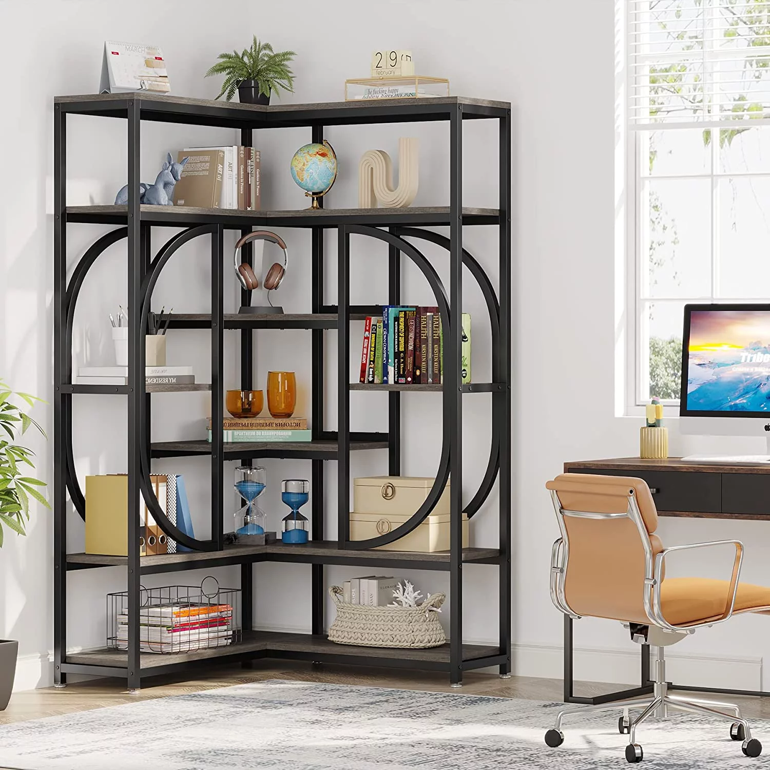 Tribesigns 7-Shelf Corner Bookshelf, L-Shaped Modern Corner Bookcase with Storage, Large Display Rack with Metal Frame for Living Room Home Office