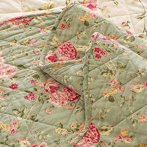 Brandream Pink Rose Floral Patchwork Quilts Cotton Queen Size Quilted Comforter Set Rustic Country Coverlet Bedspread Set 3-Piece