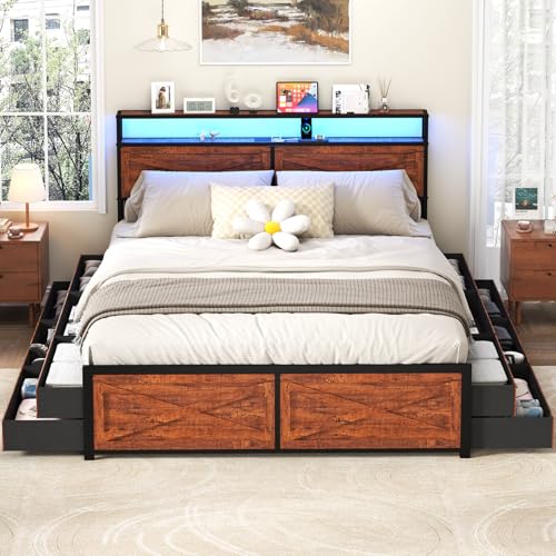 Full Size Bed Frame with Headboard, LED Platform Bed with 4 Storage Drawers, Built in Charging Station, Noise-Free, Metal Support Base