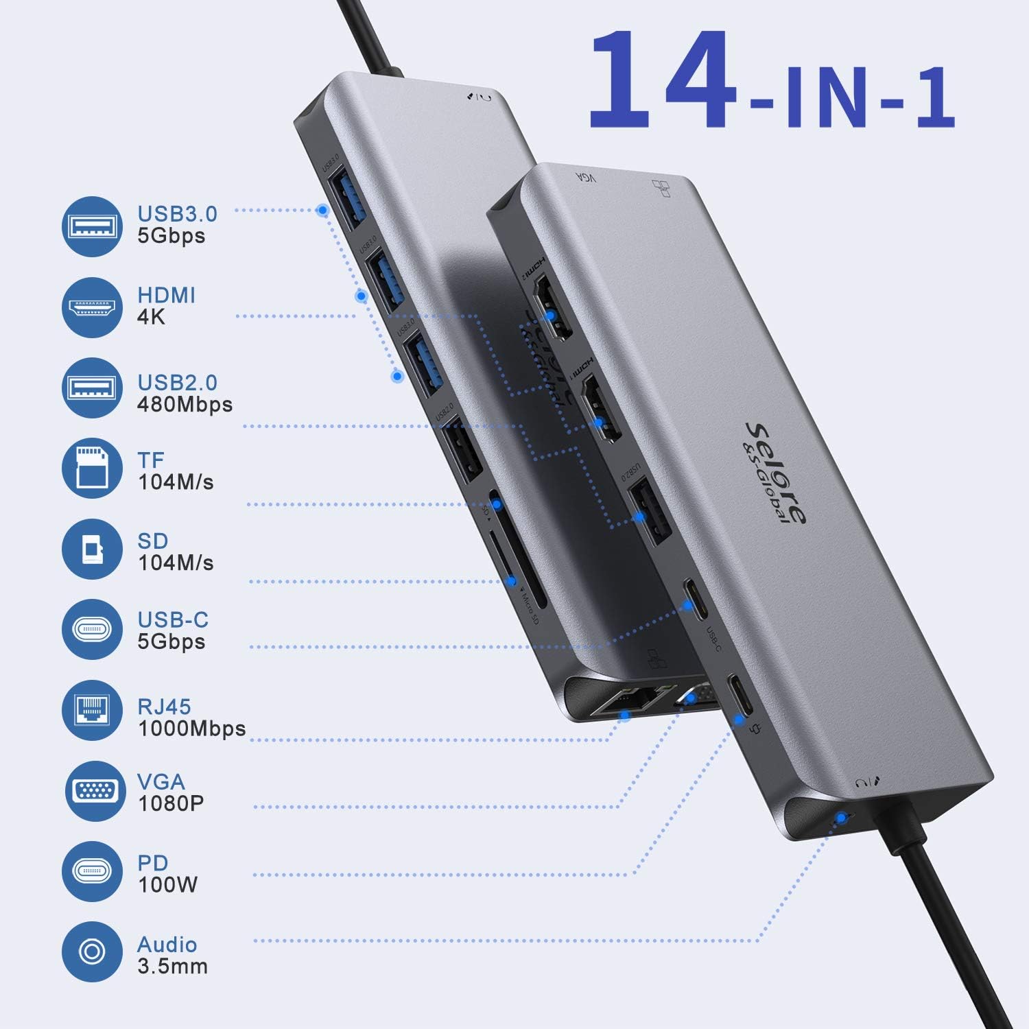 USB C Docking Station Dual Monitor,USB C Dual Monitor 2 HDMI Adapter,Triple Display 4K HDMI&VGA,14 in 1-3USB3.0&2USB2.0,Gigabit Ethernet,100W PD