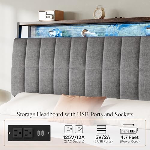 YITAHOME Queen Size Bed Frame with RGB LED Lights and 4 Drawers, Upholstered Platform Bed with Charging Station and Storage Headboard
