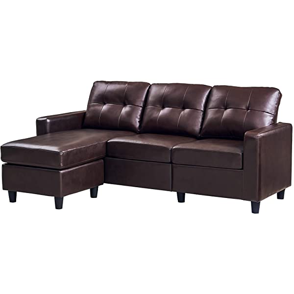 HONBAY Convertible Sectional Sofa Couch, L Shaped Sofa Couch with Faux Leather Sectional for Small Apartment Brown
