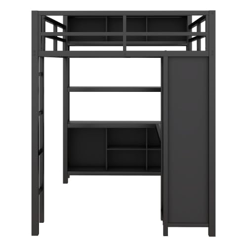 Harper & Bright Designs Full Size Loft Bed with Wardrobe and L-Shaped Desk, Metal Loft Bed with Storage Cubes, Cabinet, Shelves for Kids Teens, White