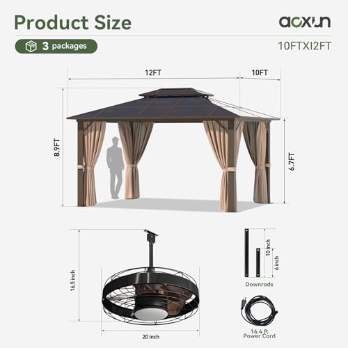 Aoxun 12'x10' Hardtop Gazebo, Aluminum Frame Permanent Pavilion with Curtains and Netting, Outdoor Polycarbonate Double Roof Canopy