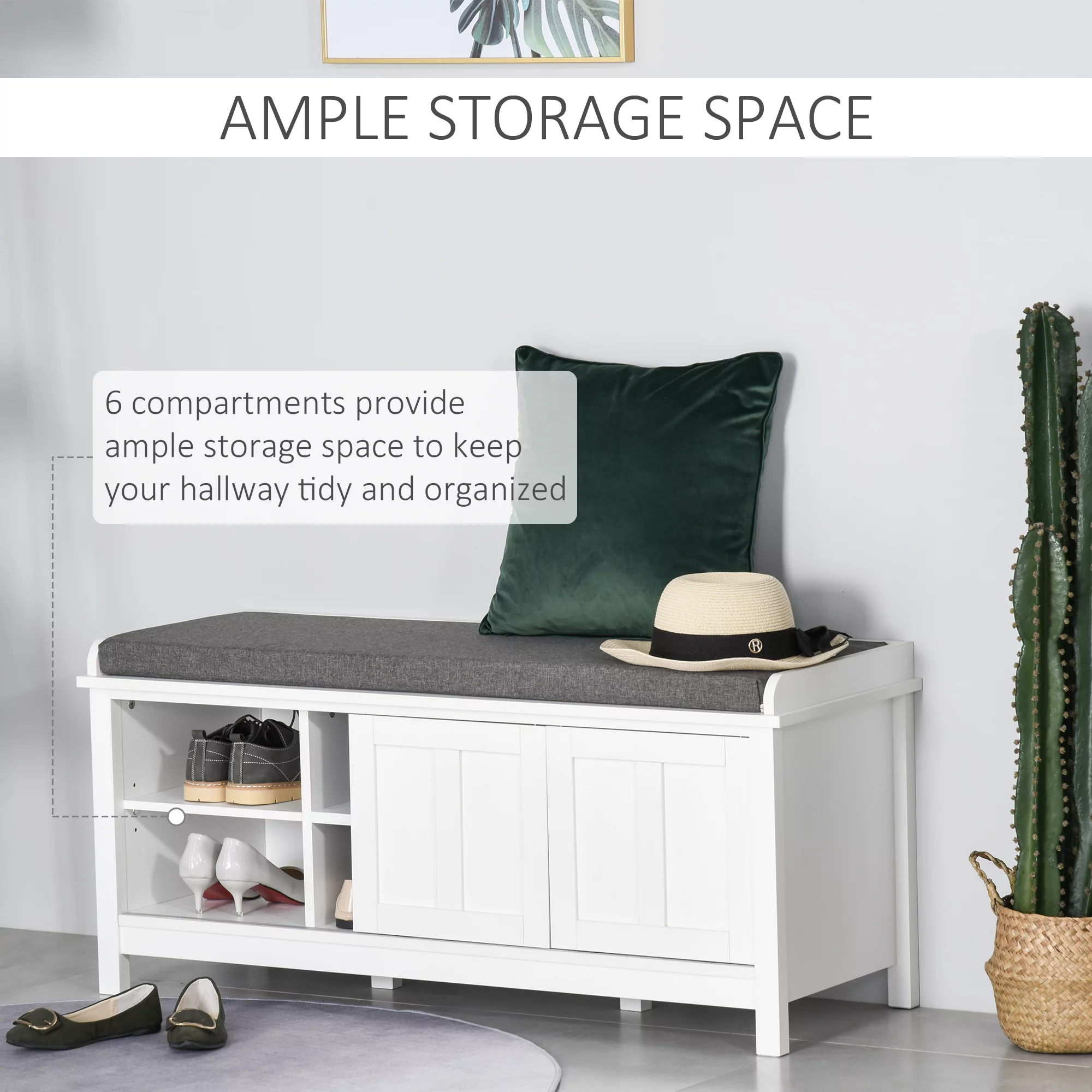 HOMCOM Entryway Shoe Bench Storage Ottoman with Sliding Doors, Adjustable Shelving, 6 Compartments, and Padded Seat, Holds 10 Pairs, White/Gray
