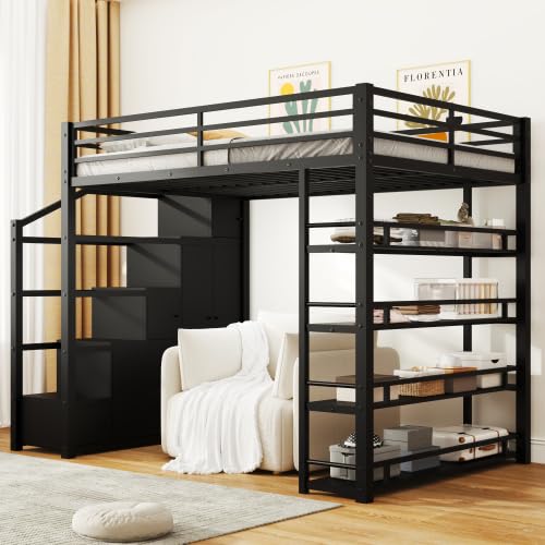 Harper & Bright Designs Full Size Loft Bed with Wardrobe and L-Shaped Desk, Metal Loft Bed with Storage Cubes, Cabinet, Shelves for Kids Teens, White