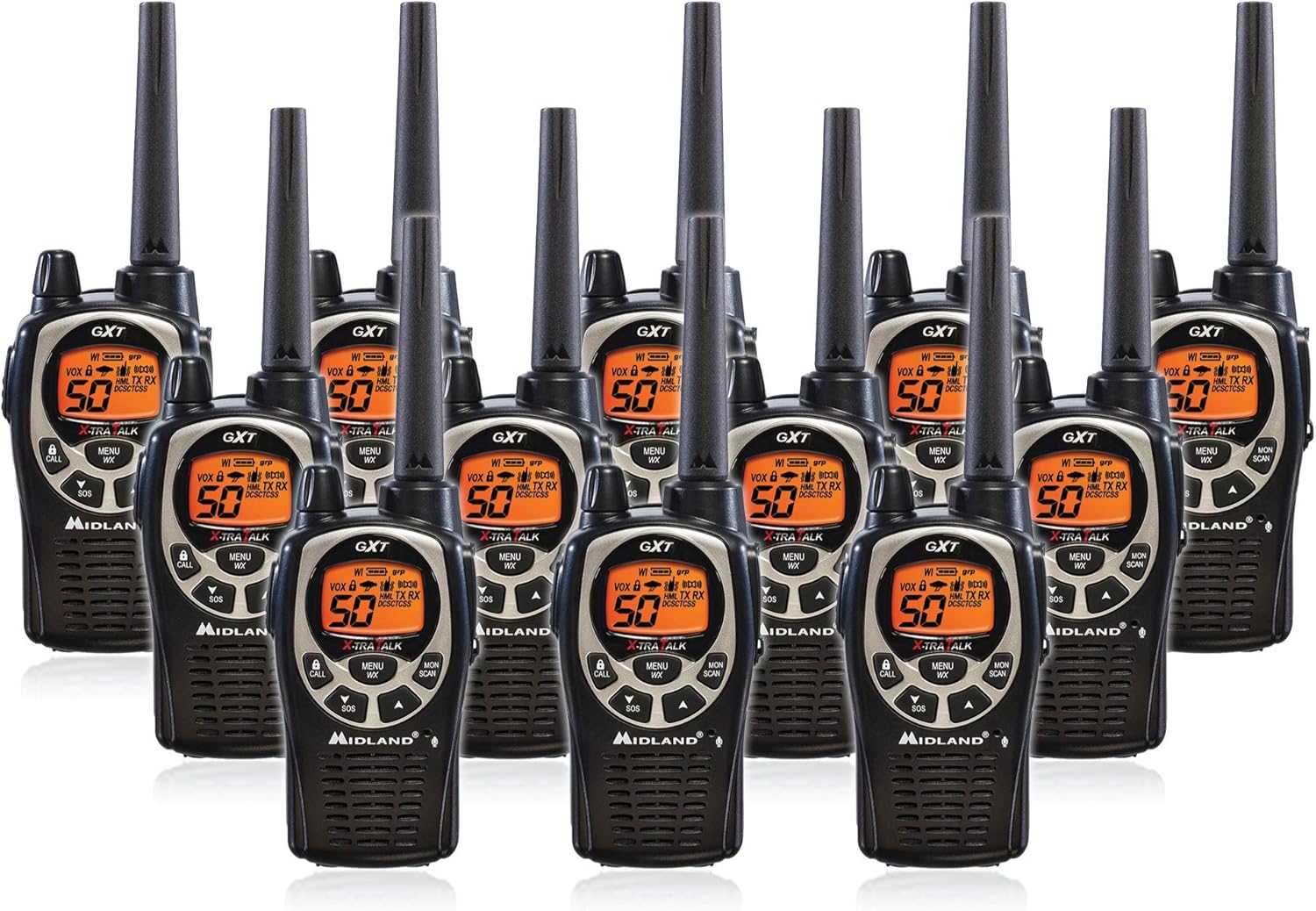 Midland GXT1000 GMRS Walkie Talkie - Long Range Two Way Radio with NOAA Weather Scan + Alert, 50 Channels, and 142 Privacy Codes (Black/Silver