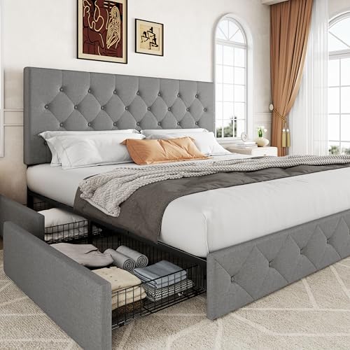 Allewie Upholstered Queen Size Platform Bed Frame with 4 Storage Drawers and Headboard, Square Stitched Button Tufted