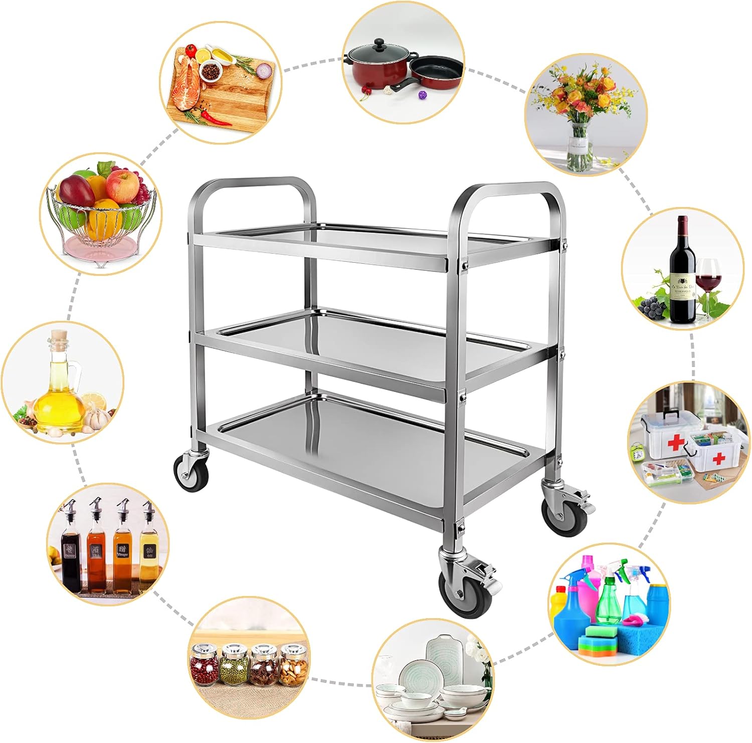 Marada 3 Tier Stainless Steel Utility Cart with Locking Wheels Shelf,Kitchen Cart Trolley,33'' L x 18'' W x 35''H