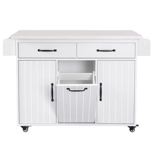 Ball & Cast Farmhouse Kitchen Island with Drop Leaf & Barn Door,Rolling Kitchen Cart on Wheels with Power Outlet,3 Large Drawers