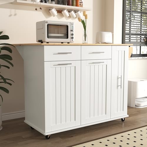 55.7'' Large Kitchen Island with 2 Drop Leaf, Rolling Kitchen Cart on 5 Wheels with Power Outlet
