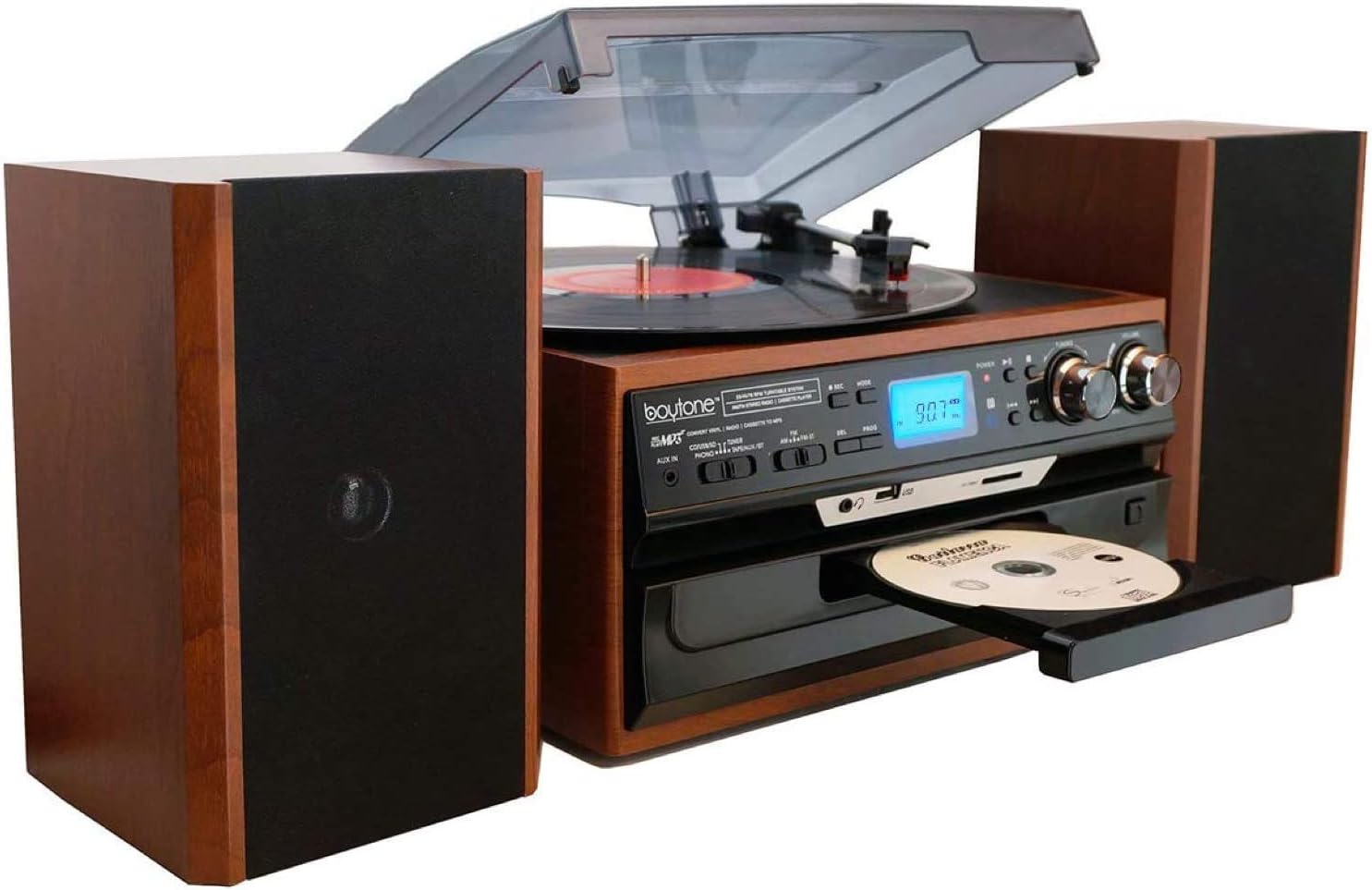 Boytone BT-24MB Bluetooth Classic Style Record Player Turntable with AM/FM Radio, CD/Cassette Player, 2 Separate Stereo Speakers, Record from Vinyl