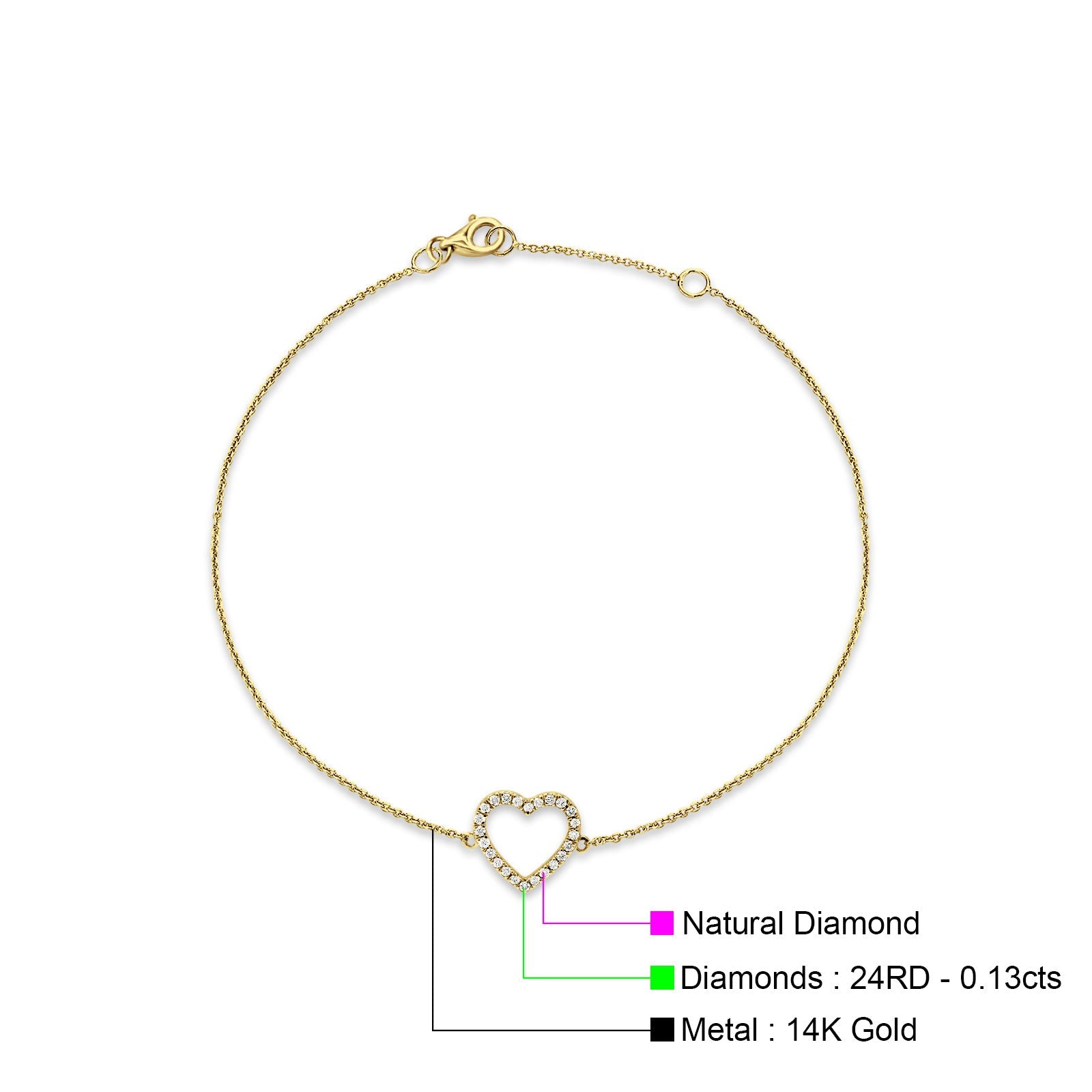 Blue Apple Jewelry Co. Diamond Heart Bracelet 14K Yellow Gold 0.13ct
