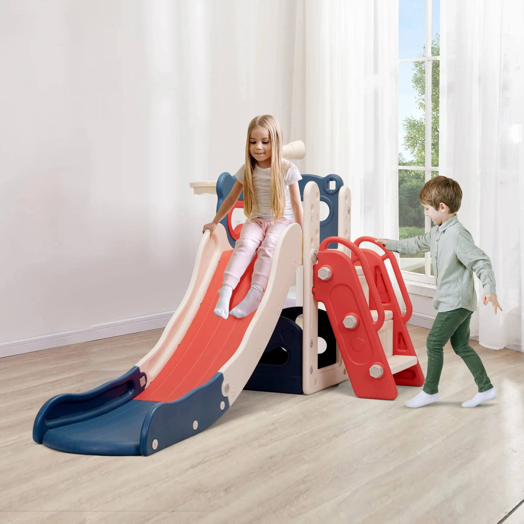 Track 7 5-in-1 Kids Slide and Climber, Freestanding Toddler Playground with Basketball Hoop, Telescope, Ball and Storage Space for Indoor Outdoor, Red