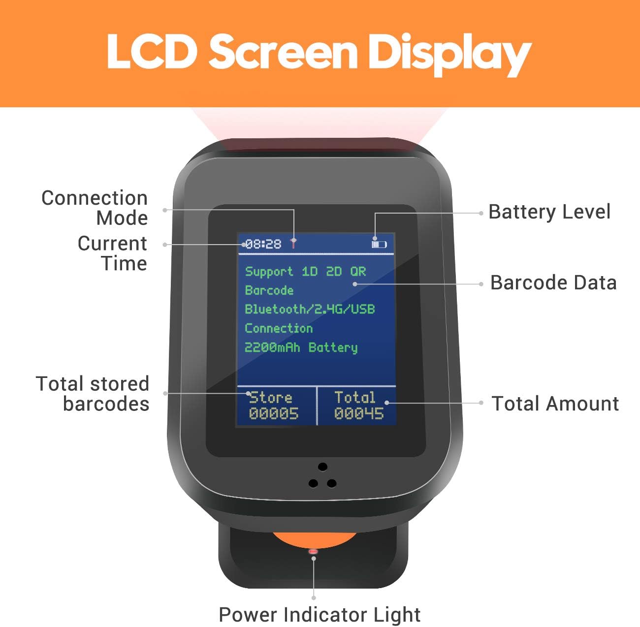 Tera 2D QR Wireless Barcode Scanner with Screen Display Battery Level Indicator and Time Display Work with Bluetooth 2.4G Wireless 2200mAh Large
