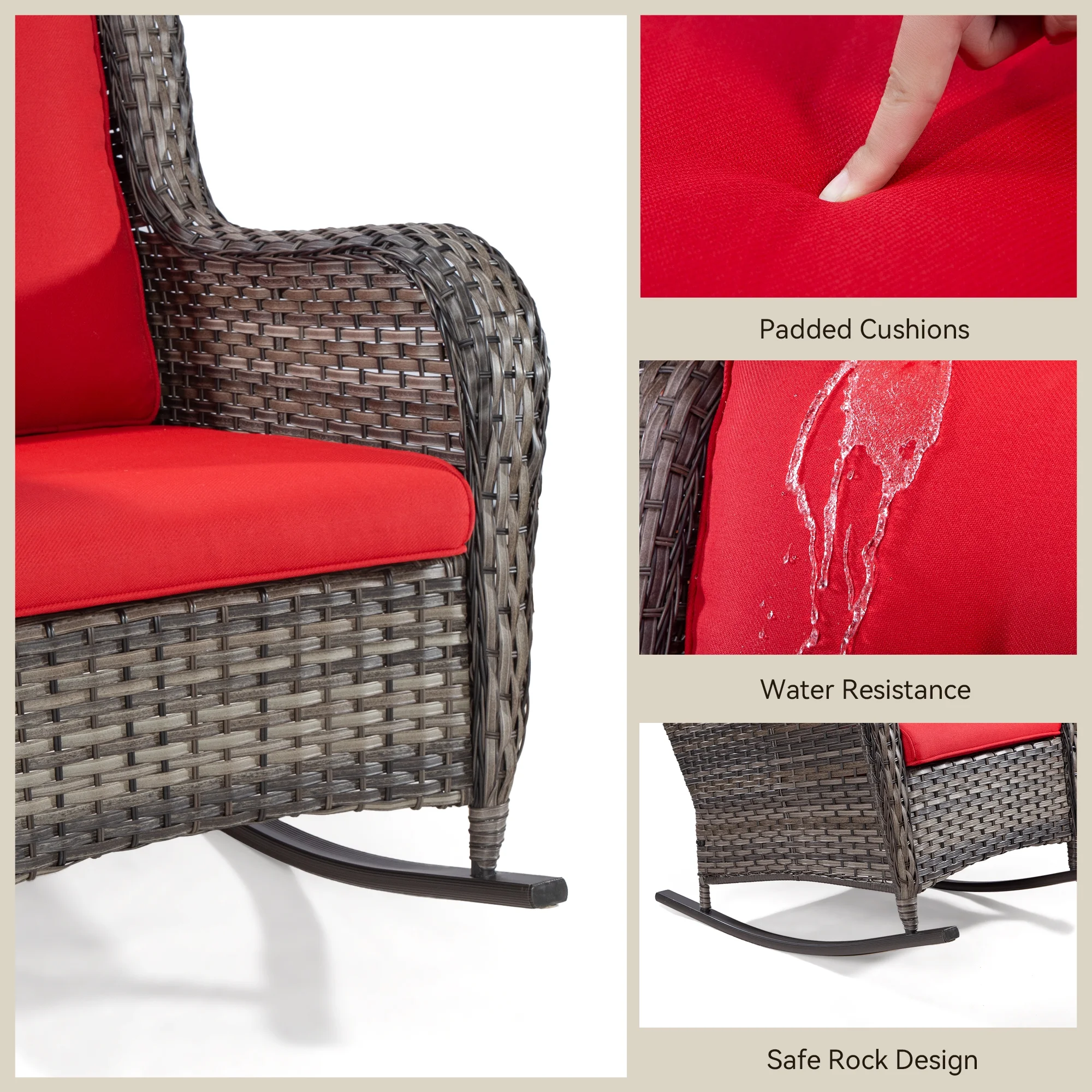 MeetLeisure 5 Pieces Outdoor Furniture Patio Furniture Set with One 3-Seat Sofa, Two Swivel Rocking Chairs,Two Rocking Chairs, Red