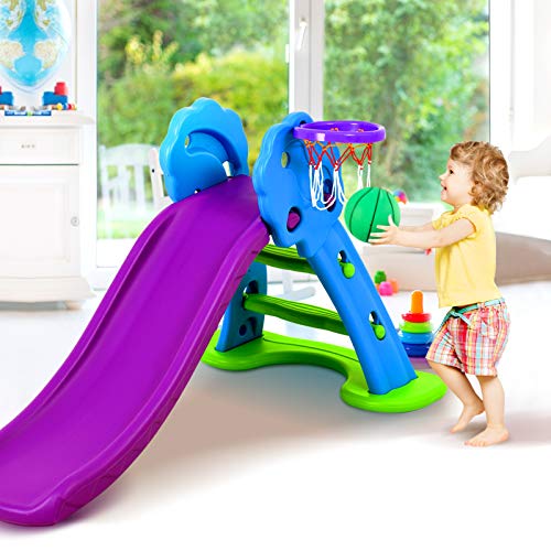 6 in 1 Toddler Playset with Slide, Kids Slide with Basketball Hoop, Ball, Ring Toss, Indoor Outdoor Toys (White Grey)