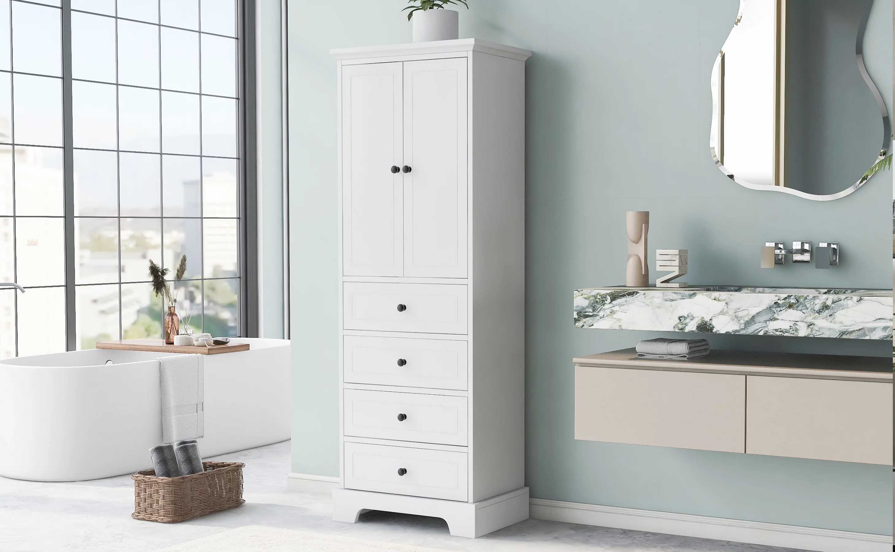 Bellemave Wooden Storage Cabinet with Adjustable Shelves and Drawers Freestanding Tall Cabinet for Bathroom, Kitchen
