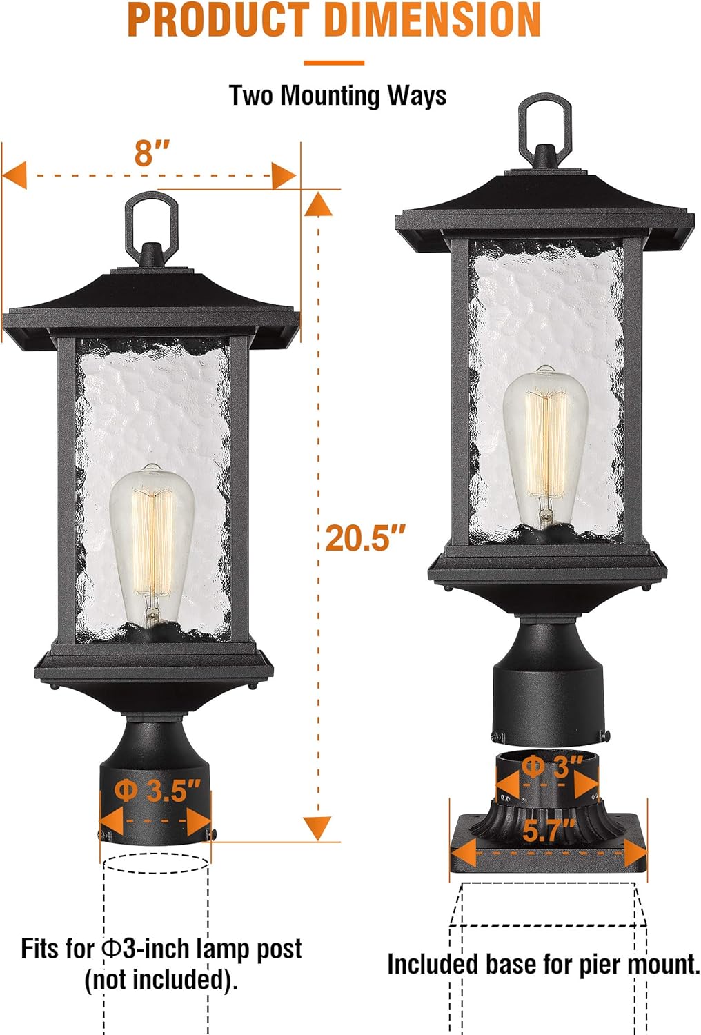 Beionxii Outdoor Post Lights | 2 Pack Exterior Pillar Lantern Pole Lamp with 3" inch Pier Mount Base