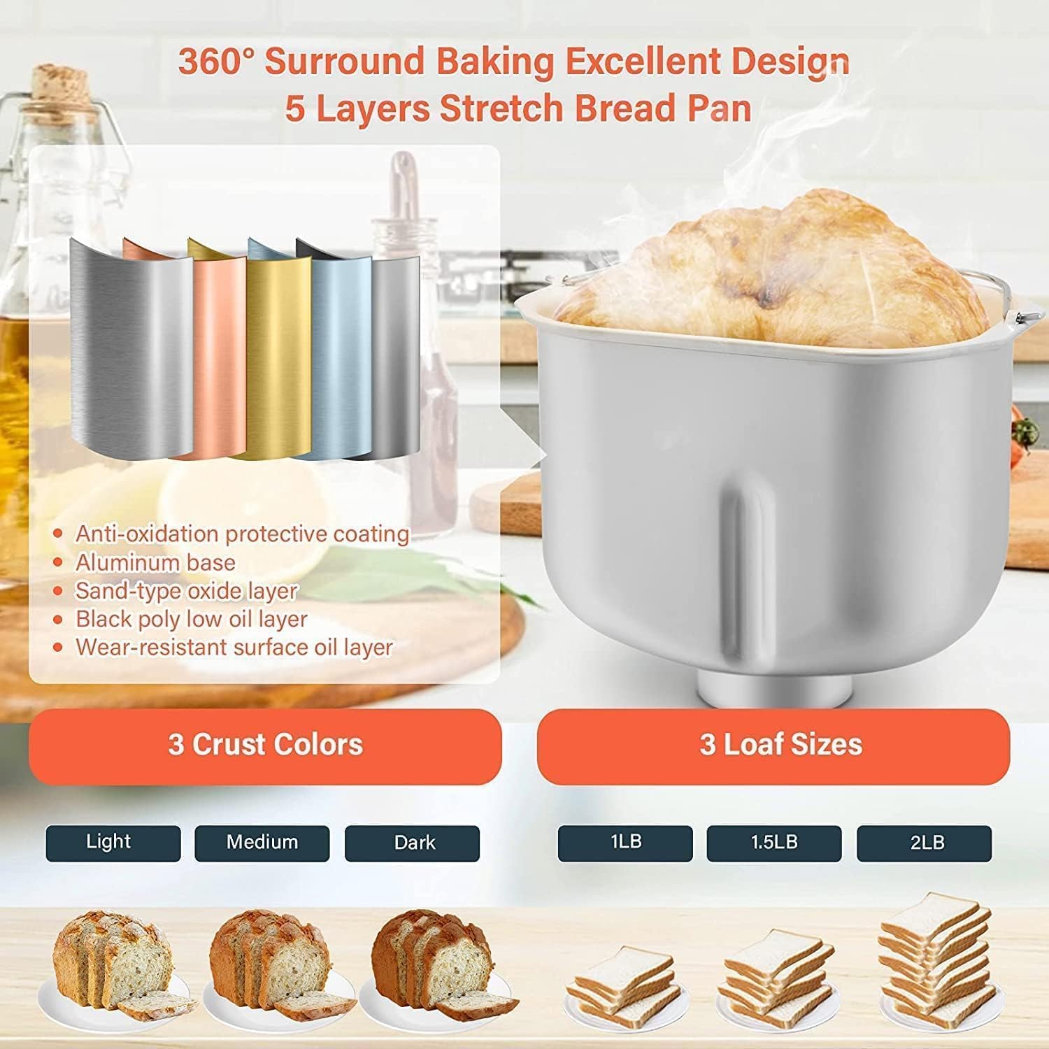 KBS 2LB Bread Maker, 19-in-1 Automatic Bread Machine Stainless Steel with Ceramic Pan,15H Timer&1H Keep Warm, Sourdough, Gluten-Free