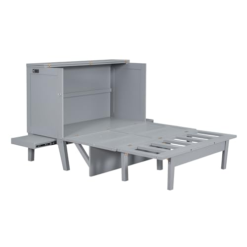 Full Murphy Bed Space-Saving Wall Bed with Storage Shelves and Drawers for Guest Room or Home, Easy to Fold into a Cabinet