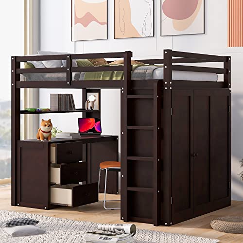 Harper & Bright Designs Full Size Loft Bed with Desk and Wardrobe, Solid Wood Loft Bed Frame with Storage Drawers, for Kids Teens Adults (White)