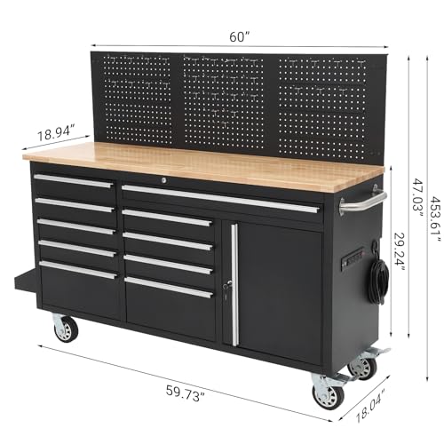 61inch Rolling Tool Chest, Garage Workbench Storage Tool Cabinet 10 with Drawers, Solid Rubber Wood Top with Power Strip, LBS Load Mobile Workstation