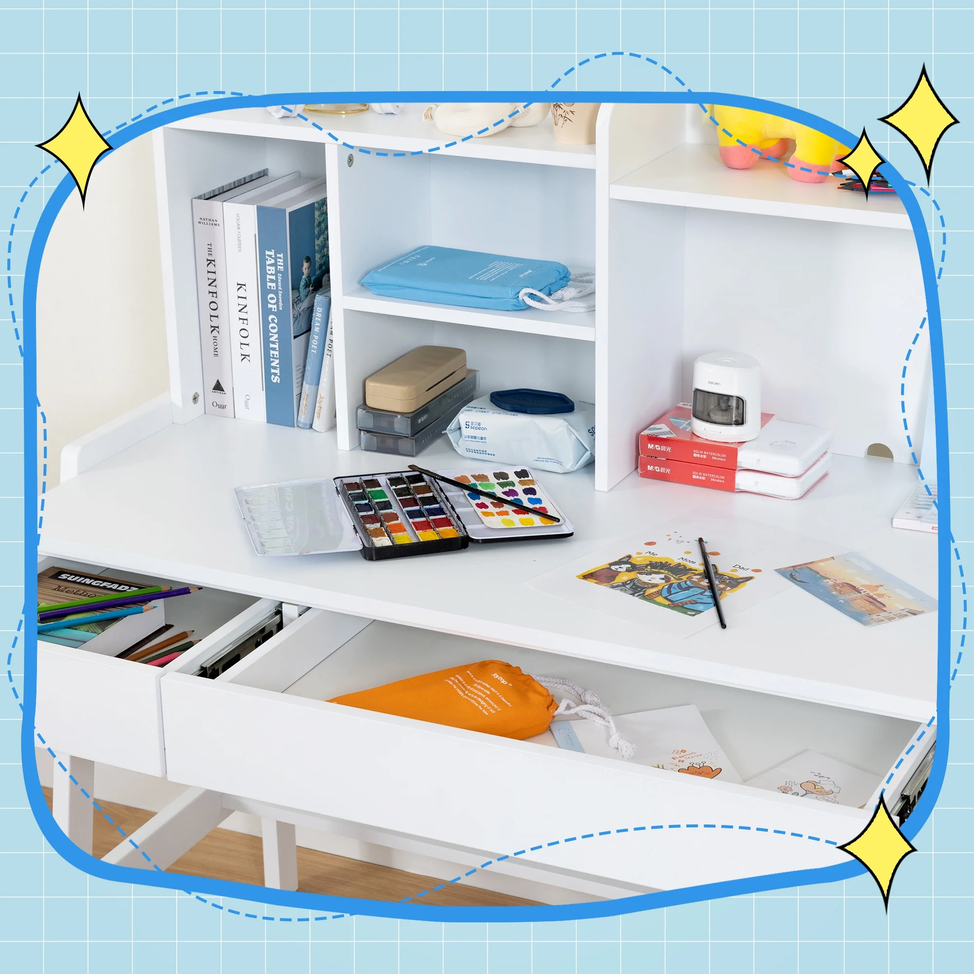 Kids Desk and Chair Set, White Wooden Study Desk for Kids with Drawers