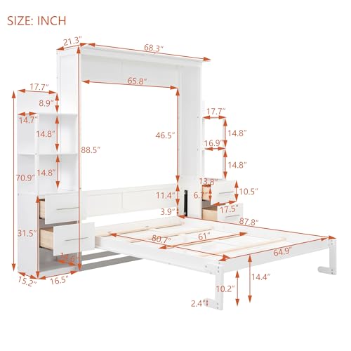 Ball & Cast Queen Size Murphy Bed,Murphy Bed Cabinet W/ 2 Five-Layer Cabinet,Hideaway Wall Bed W/LED Lights,Wood Hidden Bed Frame for Guest Room