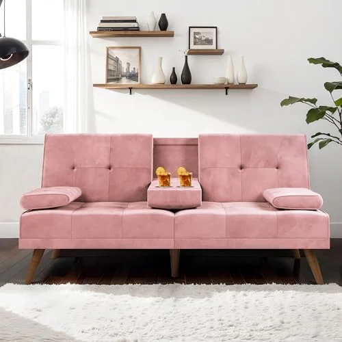 NLIBOOMLife Futon Couch Sofa Bed Convertible Folding Small Sleeper Loveseat with Removable Armrests  Wood Legs  2 Cup Holders for Small Spaces