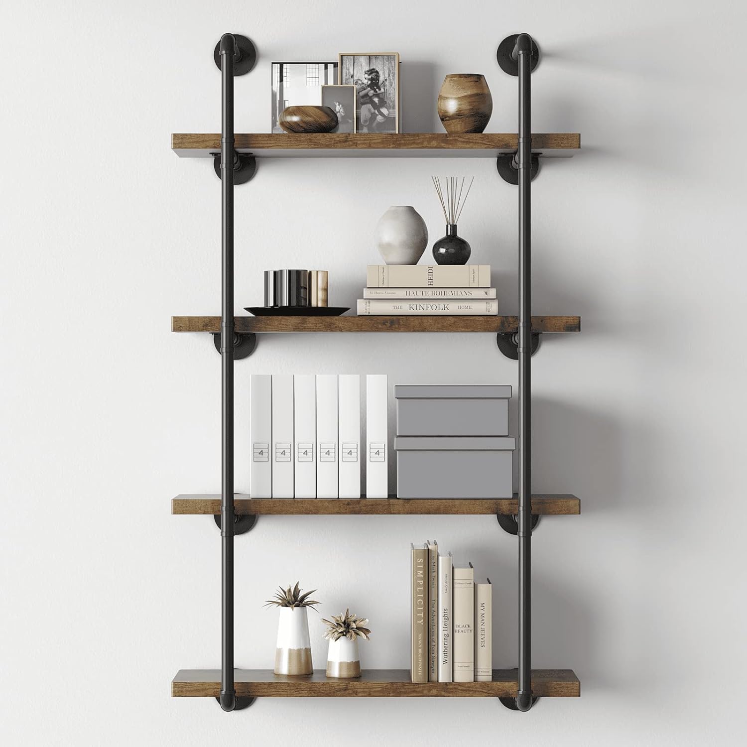 CADMIC Industrial Wall Mount Iron Pipe Shelf for Office Room Kitchen DIY Open Bookshelf Retro Black Storage Shelves Pipe Shelving Hung Bracket (3