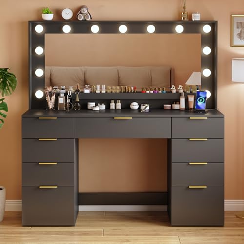 Vanity Desk with Large Mirror and Lights, 45.3in Makeup Vanity with Power Outlet 9 Drawers & Storage, 3 Lighting Color Adjustable