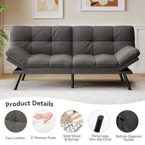 71" Convertible Futon Sofa,Faux Leather Futon Couch Bed,Sleeper Sofa Bed,Memory Foam Modern Folding Small Loveseat for Living Room,Office,Apartment