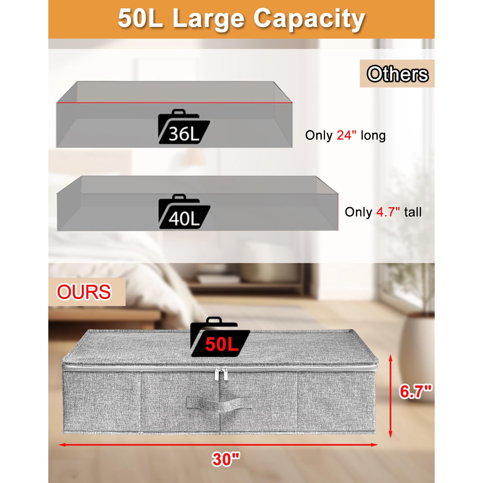 Space Saving Under Bed Storage 2 Pack, Ultra Thick Fabric Organizer Bins with Lid, Ideal for Blankets Shoes Seasonal Items, gray 30x15x6.7 Inch