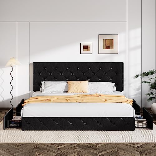 Allewie Upholstered Queen Size Platform Bed Frame with 4 Storage Drawers and Headboard, Square Stitched Button Tufted
