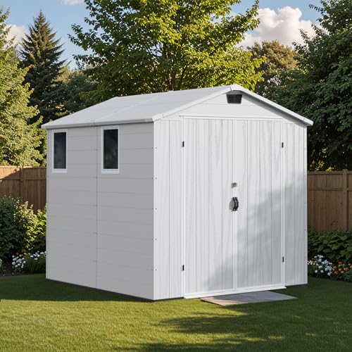 Patiowell 6 x 8 FT Plastic Outdoor Storage Shed with Floor, Resin Outside Tool Shed with Two Windows and Lockable Easy to Install, Door for Garden