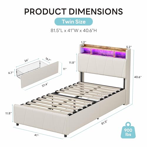 LIKIMIO Twin Bed Frame with 2 Storage Drawers, Charging Station & LED Lights, Upholstered Platform Twin Bed with Storage Headboard