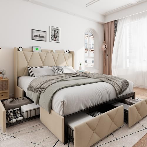 iPormis Queen Bed Frame with 4 Storage Drawers, Upholstered Platform Bed Frame with Charging Station, Modern Wingback Storage Headboard