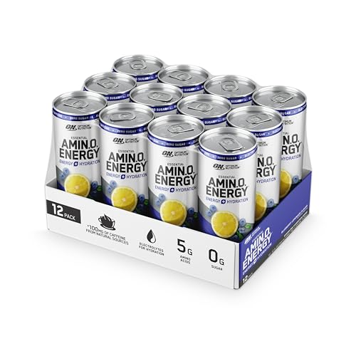 Optimum Nutrition Amino Energy Sparkling Hydration Drink, Electrolytes, Caffeine, Amino Acids, BCAAs, Sugar Free, Juicy Strawberry, 12 Fl Oz